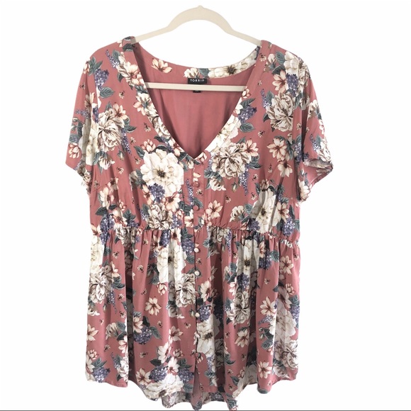 ❌SOLD❌TORRID Dusty Rose Floral Button Babydoll Top - Picture 3 of 8